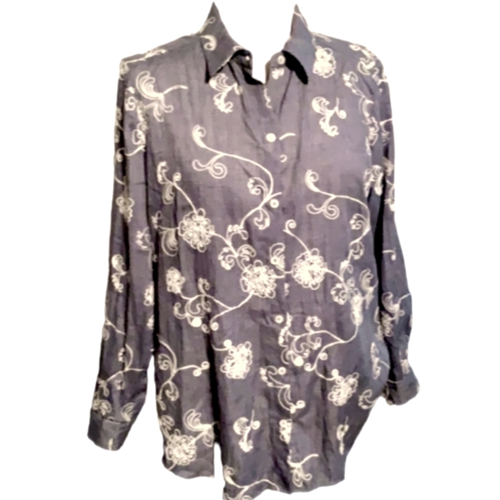 EUC CHICO'S Womens Long-Sleeve Embroidered Button-Up Tunic-Length Shirt